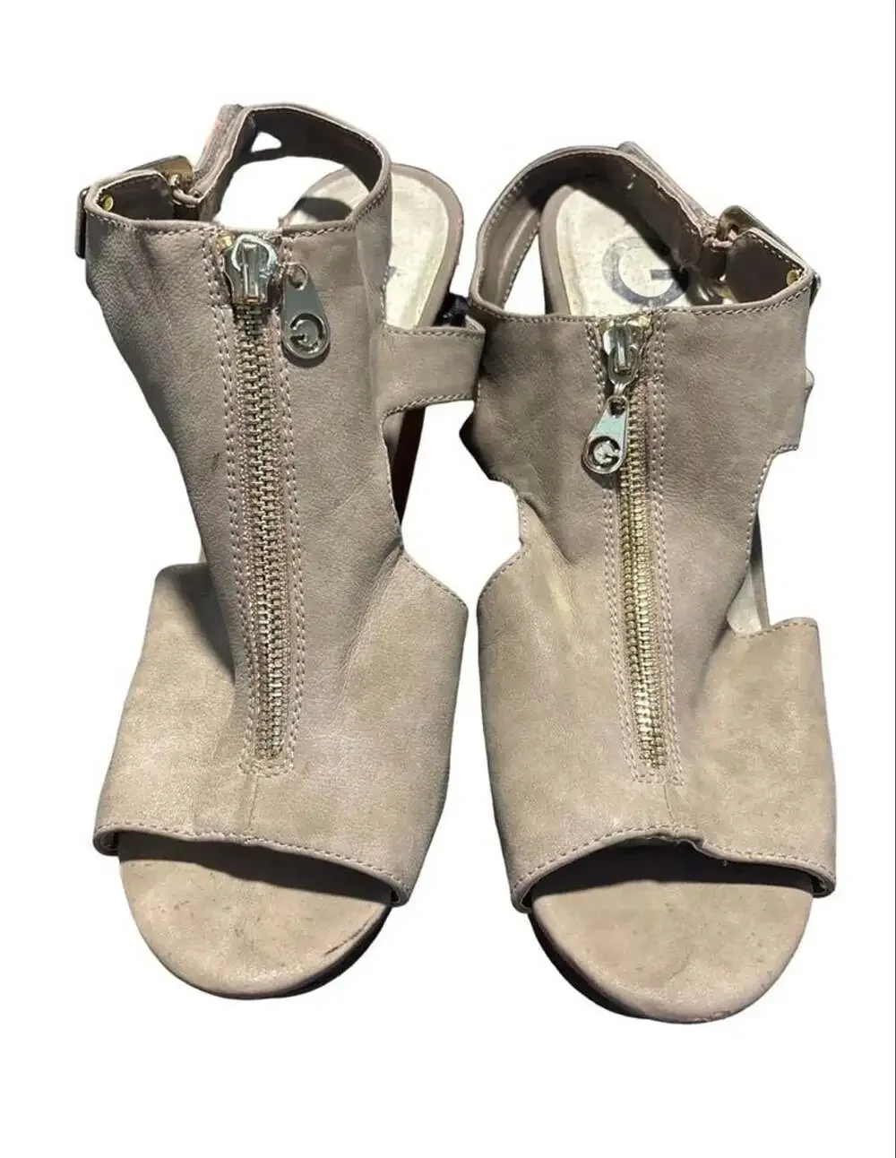 G by GUESS Taupe Platform Wedge Sandals Women's 10M Zip Front Peep Toe